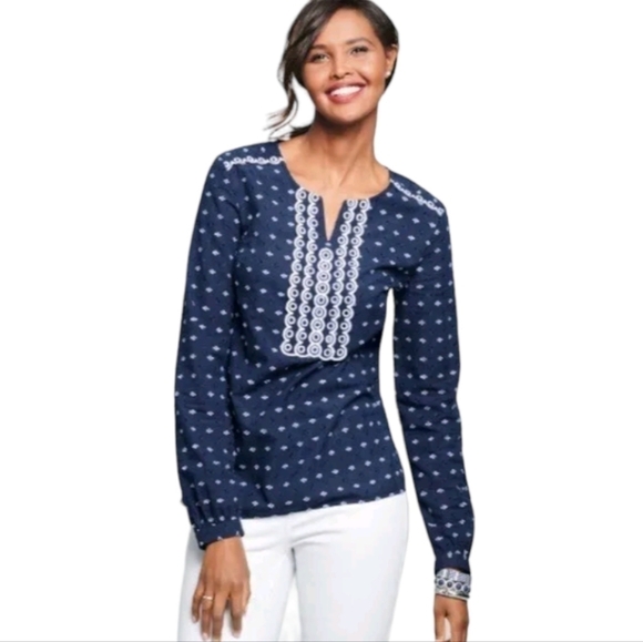 Talbots Womens Shirt Top Blouse Blue White Eyelet Lace Long Sleeves Plus Size 1X - Picture 1 of 8